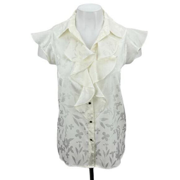 NWT CALVIN KLEIN Floral Ruffle Flutter Sleeves Button Up Top Sz XS Ivory White - Picture 2 of 6